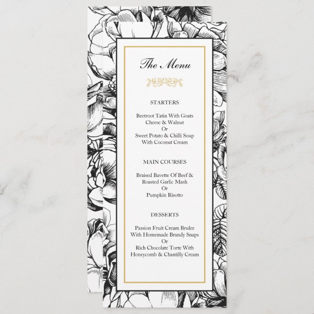 Black & Gold Elegant Wedding Party Menu Card (Front/Back)
