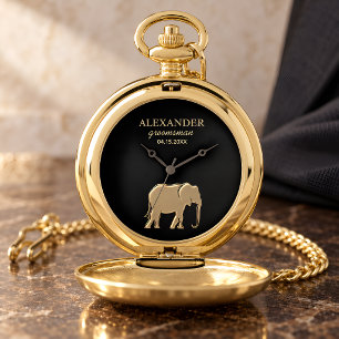 Black Gold Elephant Groomsman Gift Pocket Watch