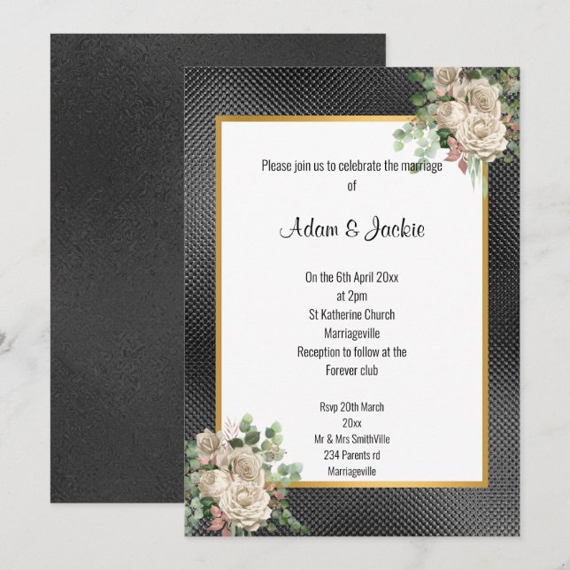 BLACK GOLD EMBOSSED ROSE EUCALYPTUS WEDDING 2 INVITATION (Front/Back)