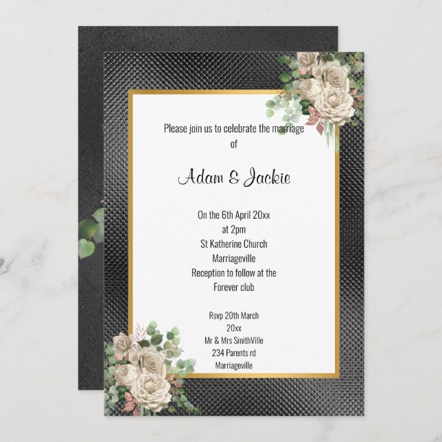 BLACK GOLD EMBOSSED ROSE EUCALYPTUS WHITE WEDDING INVITATION (Front/Back)