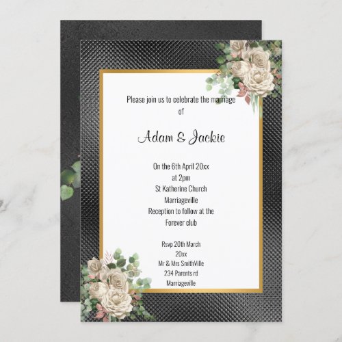 BLACK GOLD EMBOSSED ROSE EUCALYPTUS WHITE WEDDING INVITATION