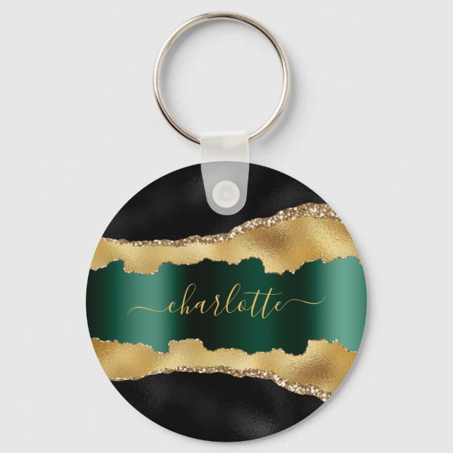 Black gold emerald green agate marble name script keychain (Front)