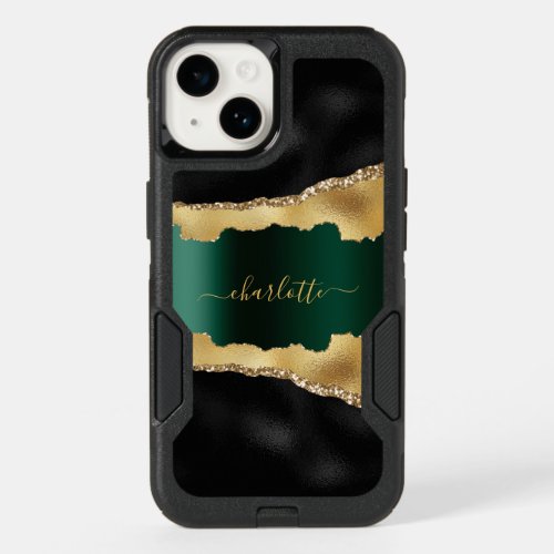 Black gold emerald green agate marble name script OtterBox iPhone 14 case