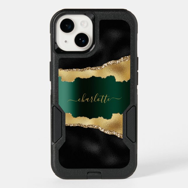 Black gold emerald green agate marble name script otterbox iPhone case (Back)