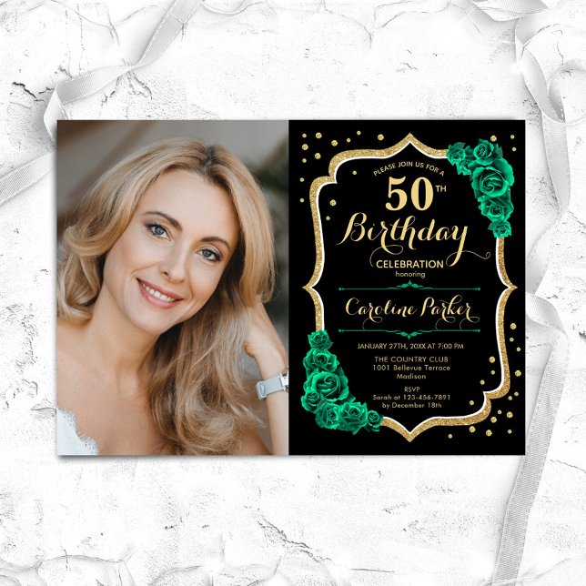 Black Gold Emerald Green Photo 50th Birthday Invitation (Creator Uploaded)