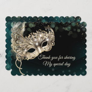 Black Gold Emerald Masquerade Party Thank You Card