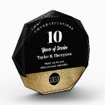 Black Gold Employee 10 years of service Award logo<br><div class="desc">Honor dedication and achievement with this elegant black and gold 10 Years of Service award plaque. Featuring a modern geometric shape, bold typography, and a faux-gold accent, this personalized recognition award is perfect for celebrating employee milestones, leadership, and outstanding service. Customize the name, milestone year, message, and company logo to...</div>