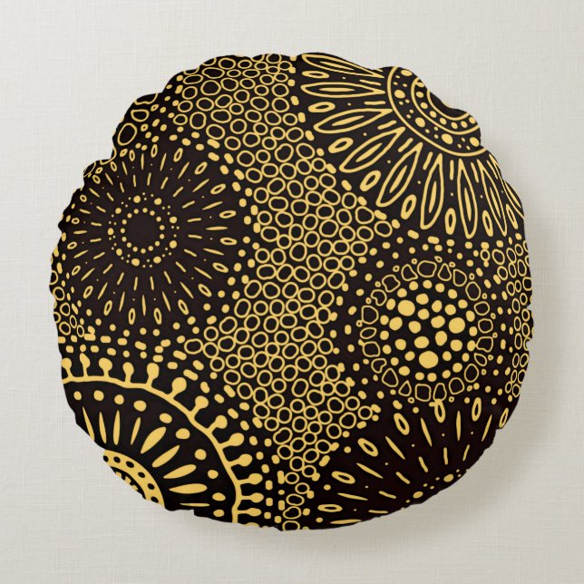 Black Gold Ethnic Floral Decorative Round Pillow (Front)