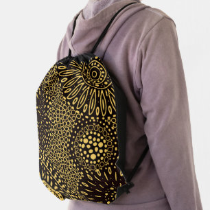 Black Gold Ethnic Floral Drawstring Backpack