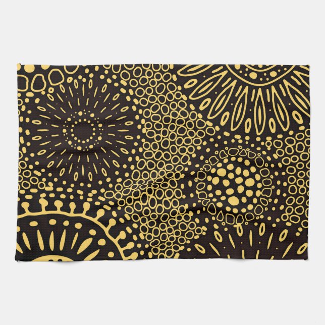 Black Gold Ethnic Floral Pattern Kitchen Towel (Horizontal)