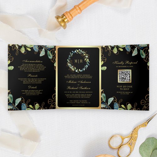 Black Gold Eucalyptus Wreath QR Code Wedding Tri_Fold Invitation
