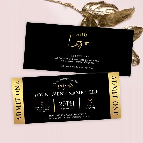 Black  Gold Event Ticket Business Logo Admit One Invitation