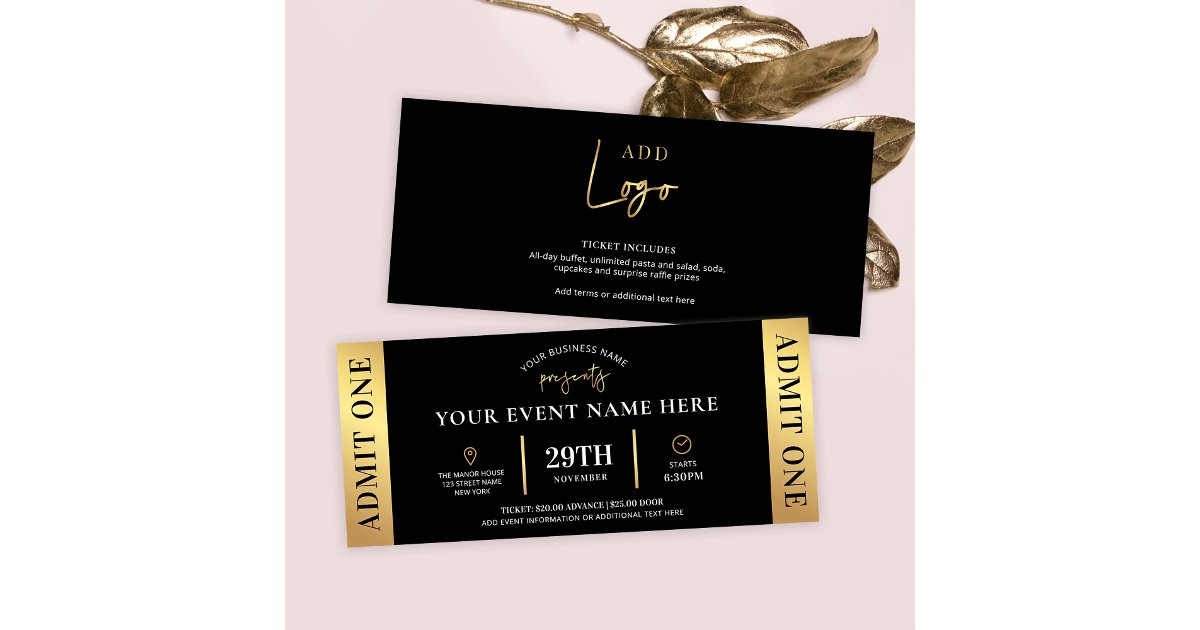 Black & Gold Event Ticket Business Logo Admit One Invitation | Zazzle
