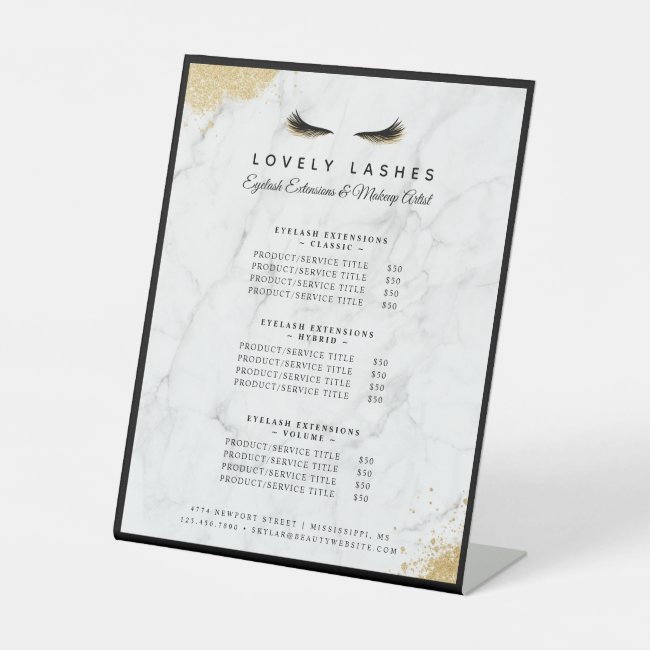Black & Gold Eyelash Marble Luxury Service List Pedestal Sign