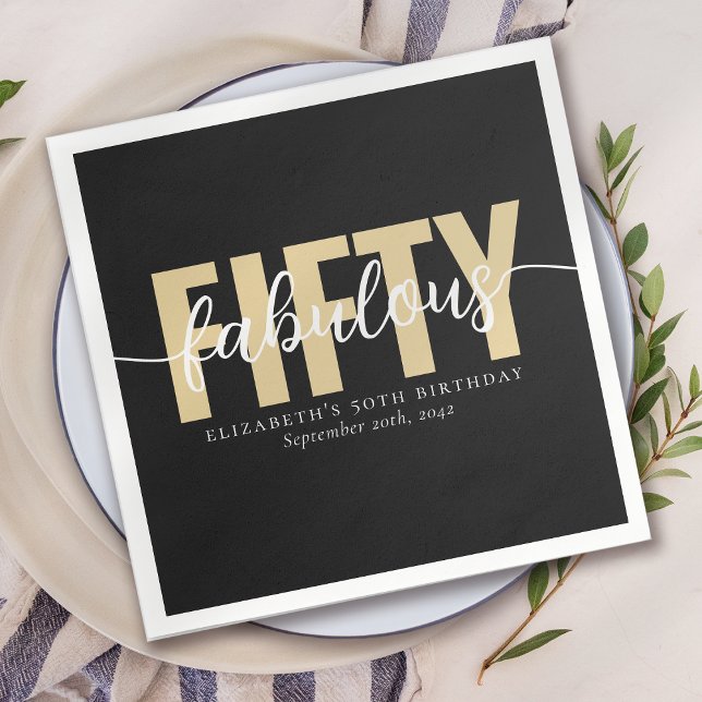 Black Gold Fabulous Fifty Birthday Party Napkins (Creator Uploaded)