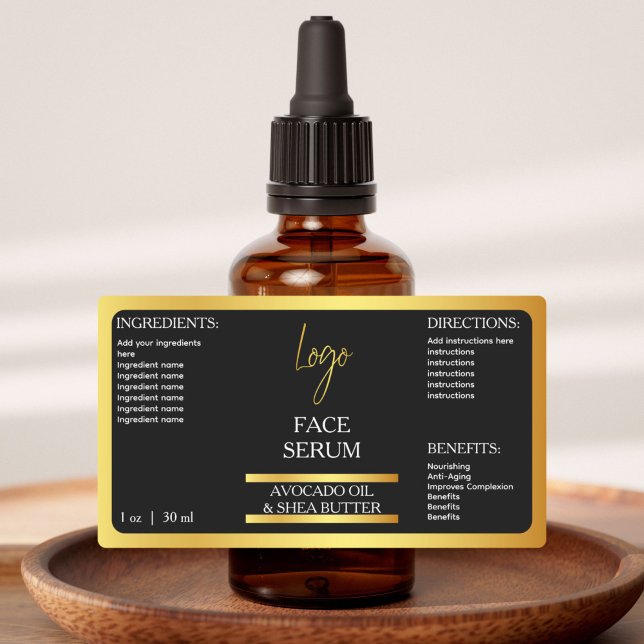 Black & Gold Face Serum Waterproof Cosmetic Label  (Creator Uploaded)