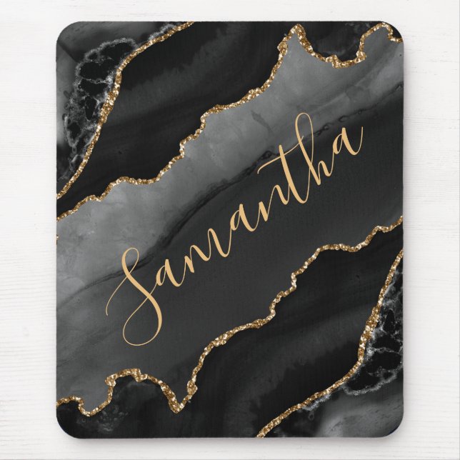 Black & Gold Fake Glitter Agate Mouse Pad (Front)