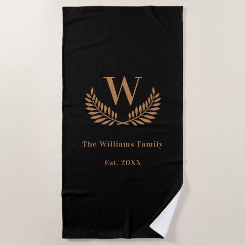 Black gold family monogram initial beach towel