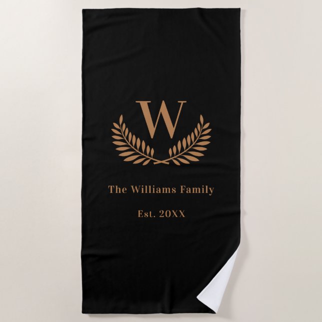 Black gold family monogram initial beach towel (Front)