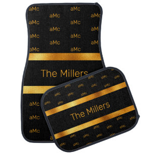 Black gold family monogram pattern elegant car floor mat
