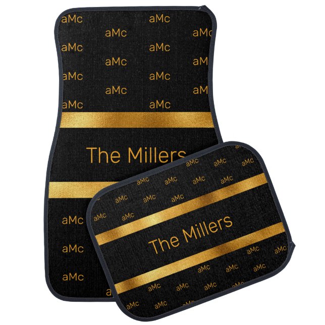 Black gold family monogram pattern elegant car floor mat (Set)