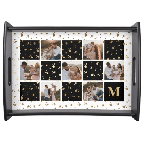 Black Gold Family Monogram Photo Collage Holiday Serving Tray