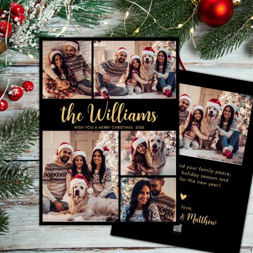 Black Gold Family Name 5 Photo Collage Christmas  Holiday Card