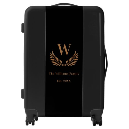 Black gold family name monogram initial luggage