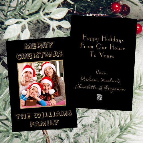 Black  Gold Family Photo  Merry Christmas Holiday Card