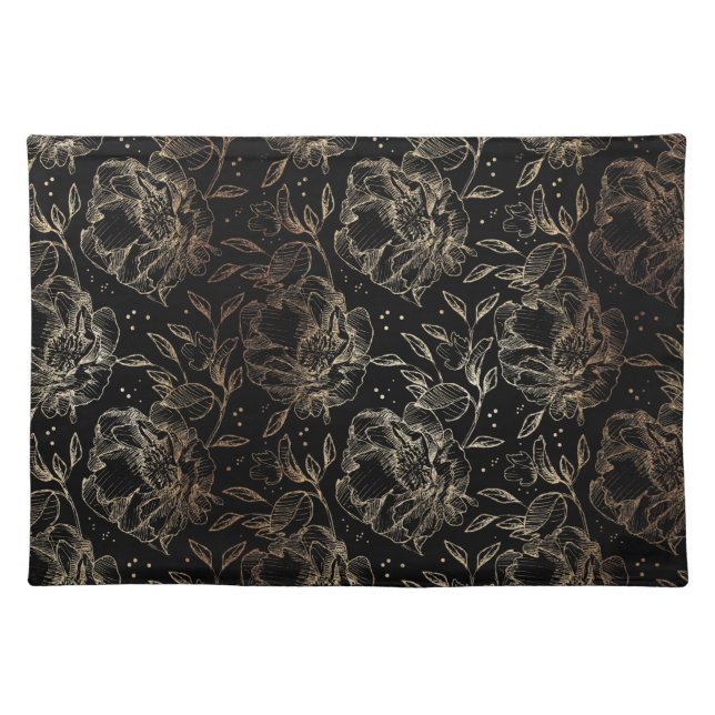 Black Gold Faux Elegant Florals Wedding Gift Cloth Placemat (Front)