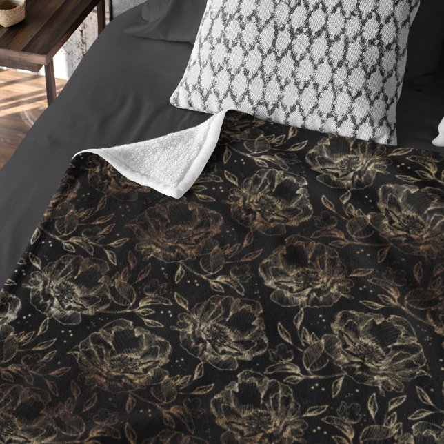 Black Gold Faux Elegant Florals Wedding Gift Fleece Blanket (Creator Uploaded)