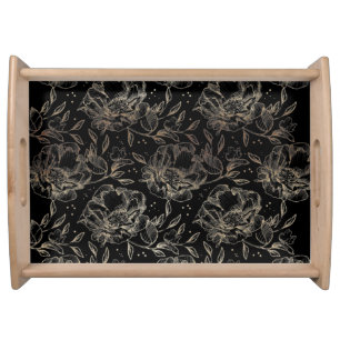 Black Gold Faux Elegant Florals Wedding Gift Serving Tray