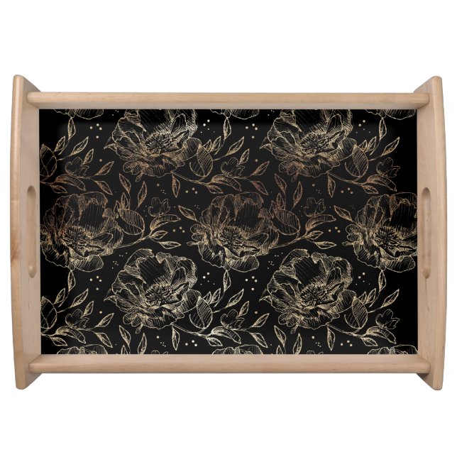 Black Gold Faux Elegant Florals Wedding Gift Serving Tray (Front)