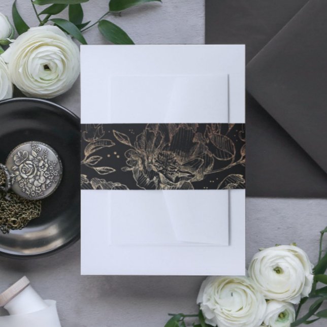 Black Gold Faux Elegant Hand Drawn Florals Wedding Invitation Belly Band (Creator Uploaded)