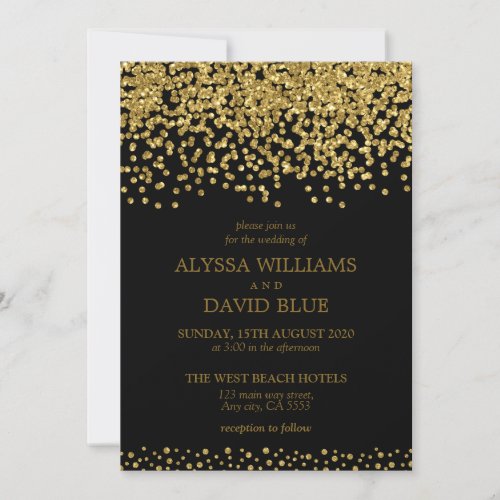 Black Gold Faux Foil Confetti Elegant Wedding Invitation
