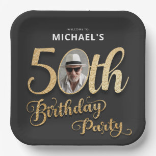 Black Gold Faux Foil Custom Photo 50th Birthday Paper Plates