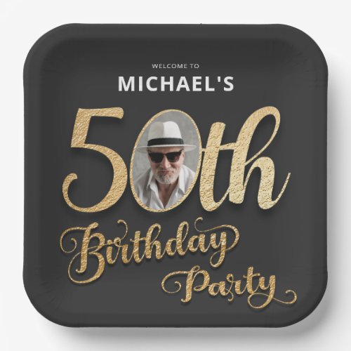 Black Gold Faux Foil Custom Photo 50th Birthday Paper Plates