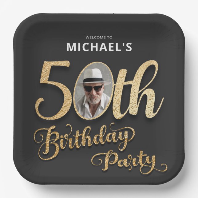 Black Gold Faux Foil Custom Photo 50th Birthday Paper Plates (Front)