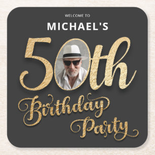 Black Gold Faux Foil Custom Photo 50th Birthday Square Paper Coaster