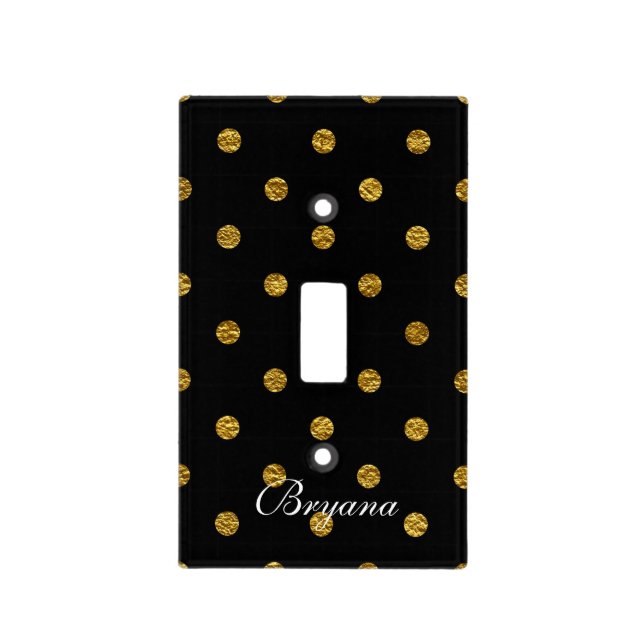 Black & Gold Faux Foil Polka Dots Light Switch Cover (Front)