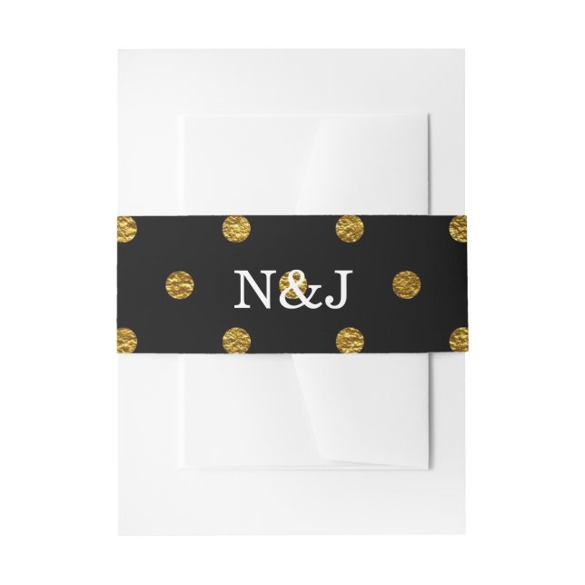 Black & Gold Faux Foil Polka Dots Modern Glam Invitation Belly Band (Front Example)