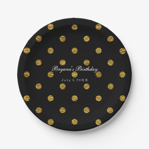 Black  Gold Faux Foil Polka Dots Party Plates