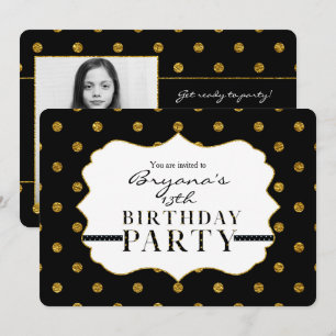 Black & Gold Faux Foil Polka Dots Photo Invitation