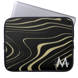 Black Gold Faux Foil Swirls Monogrammed Laptop Sleeve