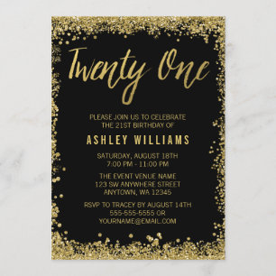 Black Gold Faux Glitter 21st Birthday Invitations