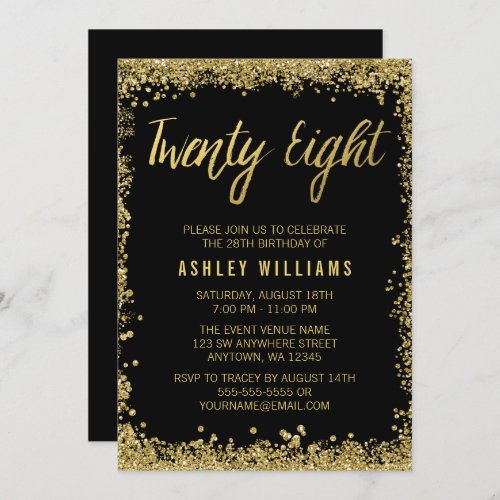 Black Gold Faux Glitter 28th Birthday Invitations