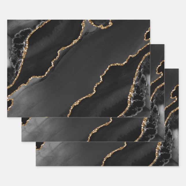Black & Gold Faux Glitter Agate Wrapping Paper Sheets (Set)