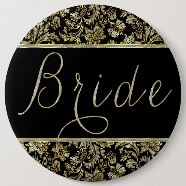 Black, Gold & Faux Glitter Damasks Bride Text Pinback Button (Front)