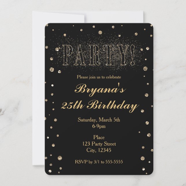 Black & Gold Faux Glitter PARTY Invitations (Front)