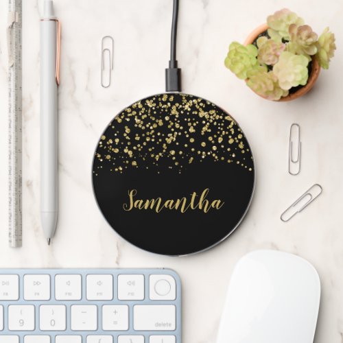 Black Gold Faux Glitter Personalized Wireless Charger